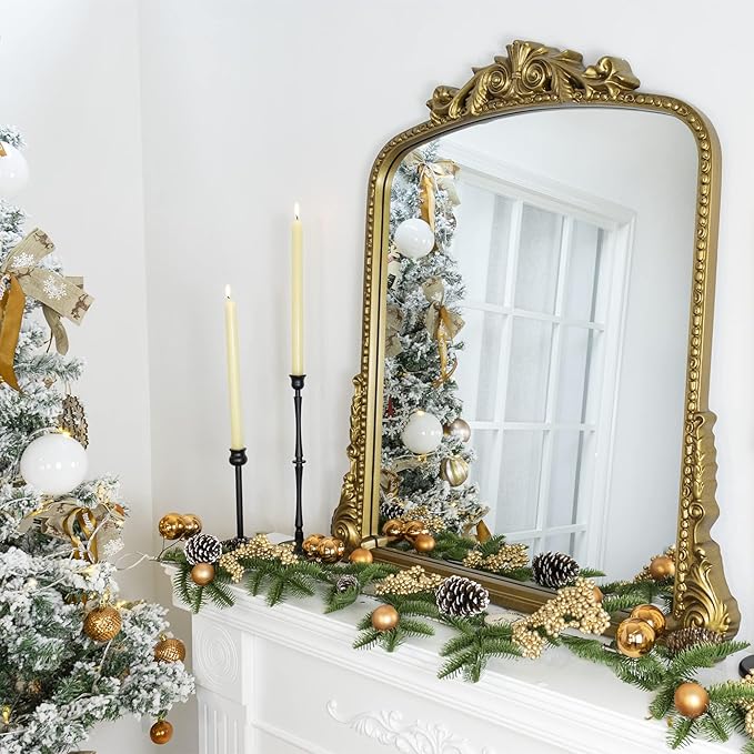 Antique Gold Ornate Mirror Arched Mantel Mirror Baroque Inspired Ornate Dresser Mirror, 30x34