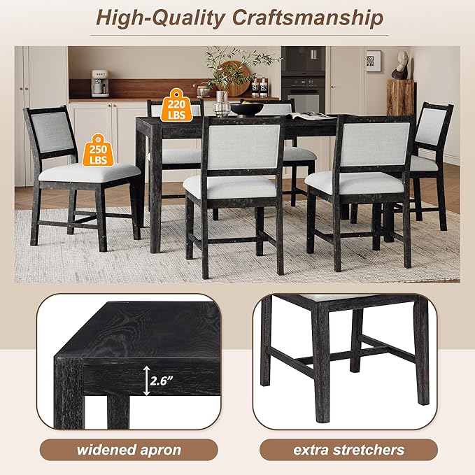 Merax 7 Pieces Retro Dining Set for 6, Rectangular Wood Dining Table with 6 Upholstered Chairs for Kitchen, Living Room, Espresso