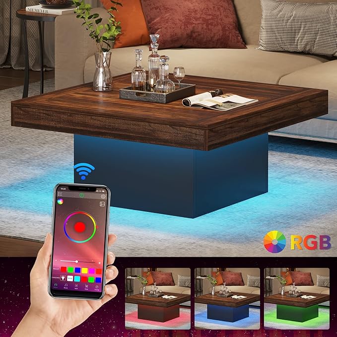 Tribesigns Coffee Table Square LED Coffee Table Engineered Wood Low Center Cocktail Tables for Living Room (Rustic Brown+Black)
