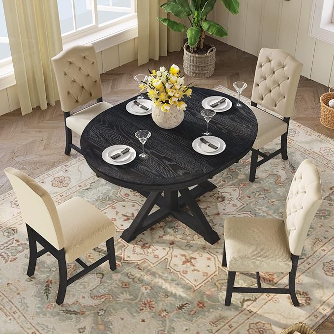 SogesPower 5-Piece Retro Dining Table Set, Round Farmhouse Kitchen Table Set for 4, Space-Saving Kitchen Table Set with Extendable Table and 4 Upholstered Chairs for Dining Room Living Room,Espresso