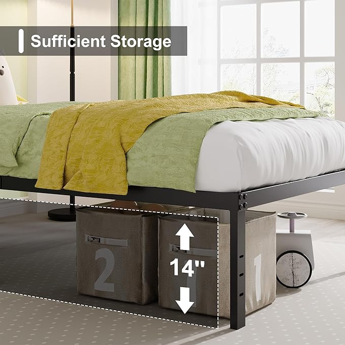 EMODA 16 Inch Heavy Duty Twin Bed Frame, Metal Platform Bed Frames No Box Spring Needed, Noise Free, Easy Assembly, Black