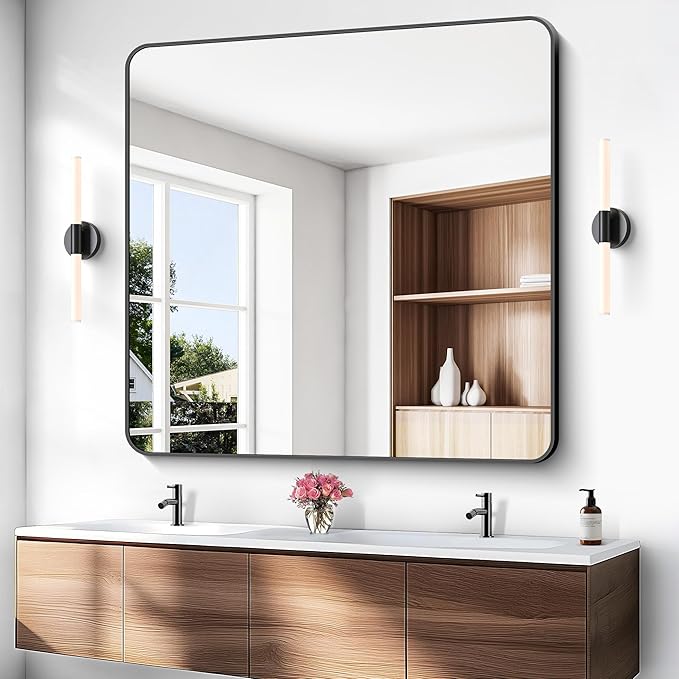 BONEWEI 48x48 inch Bathroom Mirror,Black Rectangle Mirror,Wall Mounted Bathroom Frame Vanity Mirror with Round Corner for Bedroom Living Room,Entryway Hangs Horizontal or Vertical