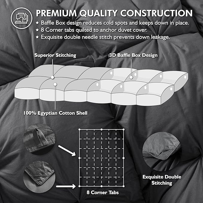 Luxurious All-Season Goose Down Feather Fiber Comforter King Size Duvet Insert, Exquisite Pinch Pleat Ruffled Twisted Flower, Premium Baffle Box, 100% Egyptian Cotton Cover, 70 oz. Fill Weight, Gray