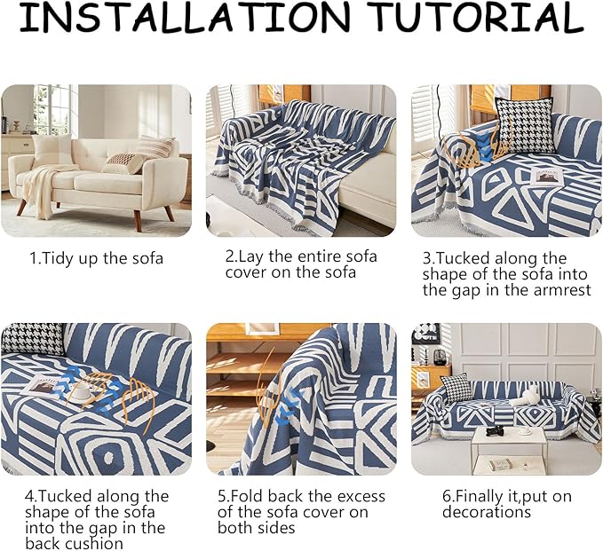 HANDONTIME Boho Couch Covers for Sofa Chenille Sofa Covers Denim Blue Sofa Cover Blanket Sectional Sofa Cover Geometric Reversible Couch Cover for L Shaped Couch Protector for Dogs, 71" X102"