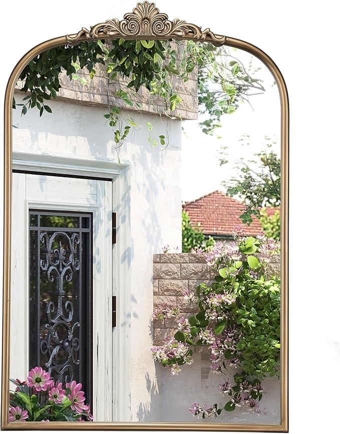 30" x 40" Antique Gold Arched Mirror for Wall, Vintage Brass Bathroom Mirror with Metal Frame, Bronze Ornate Gold Vanity Mirror for Entryway, Mantel, Powder Room