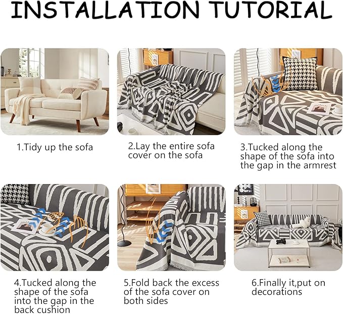 HANDONTIME Reversible Sofa Cover Boho Geometric Couch Cover for Dogs Dark Grey Couches Covers Washable Chenille Couch Covers for 3 Cushion Couch Pet Friendly Furniture Protector for Pets, 71" X118"