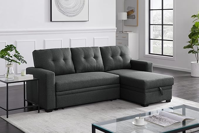 Devion Furniture Meridian 4-in-1 Convertible L Shaped Couch with Pull Out Bed and Storage, Sectional Sleeper Sofa with Reversible Chaise for Living Room, Apartment, Bedroom, Office