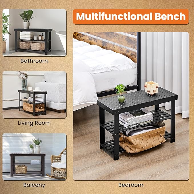 Sweetcrispy 3-Tier Shoe Rack Bench, Bamboo Entryway Storage Organizer, Shoes Stand for FrontDoor Entrance, Bedroom, Living Room, 286lb Capacity, 11.3 x 27.6 x 17.8 Inches, Pitch-Black