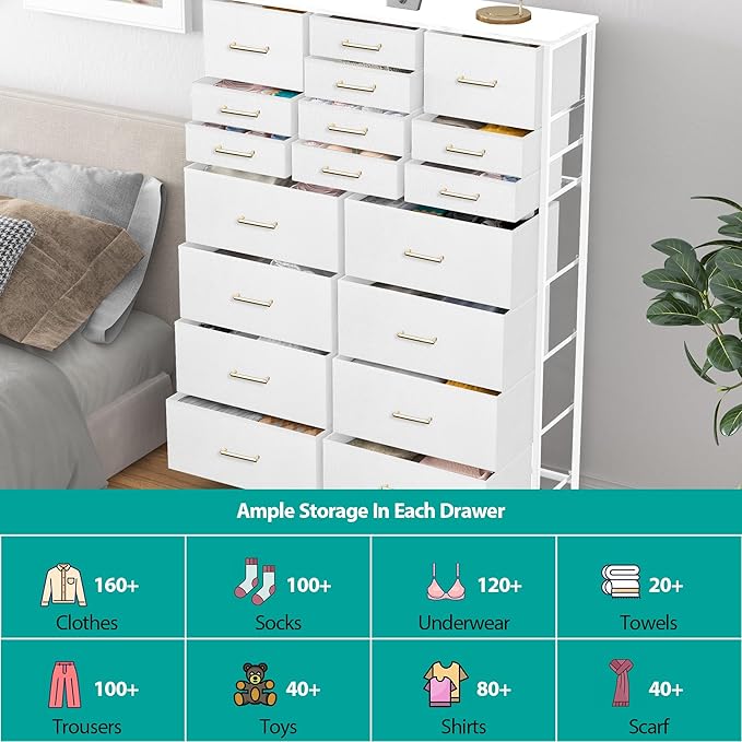 Large Dresser for Bedroom with 18 Drawers, Tall Fabric Storage Cabinet, Chest of Drawers for Closet, Nursery, Bedside, Living Room, Entryway, Hallway (White)