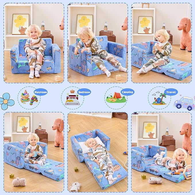 Toddler Chair Comfy,2-in-1 Soft Toddler Couch Fold Out for Kids,Convertible Sofa to Lounger,Gift for Girls and Boys Birthday,Truck