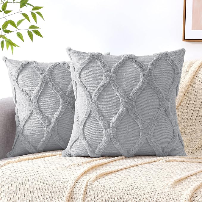 decorUhome Throw Pillow Covers 18x18 Inch Set of 2, Soft Plush Faux Fur Wool Grey Couch Pillow Covers, Decorative Neutral Pillow Cases for Bed Sofa Living Room Home Decor