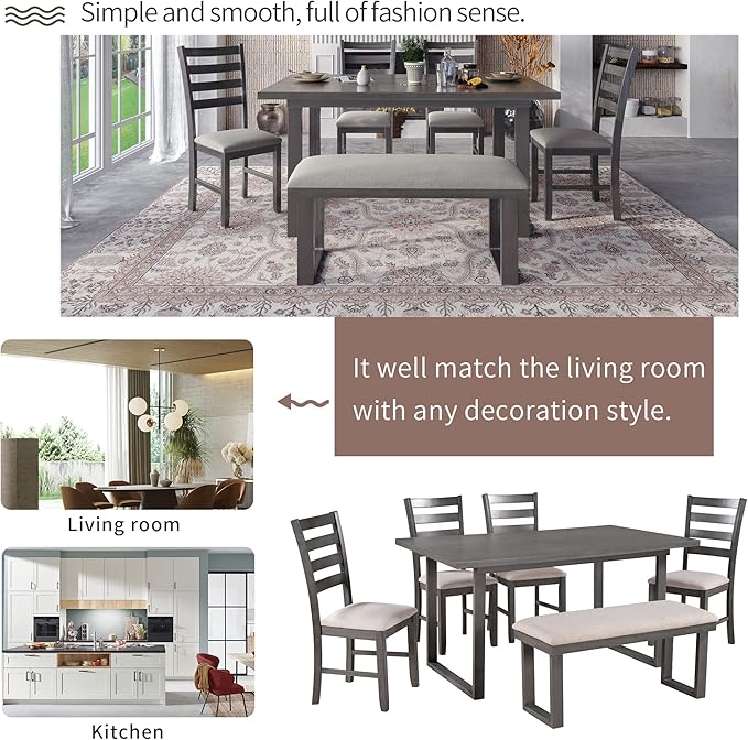 Ball & Cast 6 Piece Dining Table Set with 4 Ladder Back Upholstered Chairs and 1 Bench,Wooden Living Room Furniture W/ 60" Rectangle Kitchen Desk,for Restaurant,Home Bistro,Gray