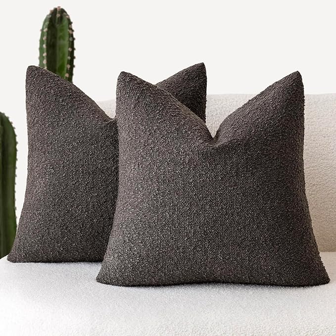 Foindtower Pack of 2 Textured Boucle Throw Pillow Covers Accent Solid Decorative Pillow Cases Cozy Woven Couch Cushion Case for Sofa Bedroom Living Room Home Decor, 18 x 18 Inch,Dark Brown