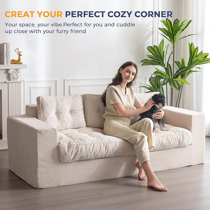 MAXYOYO 3 Seater Couch for Living Room, Boneless Couch with Tufted Cushion & Backrest, Upholstered Floor Sofa with Armrests, Sofa in A Box, No Assembly Required, Beige
