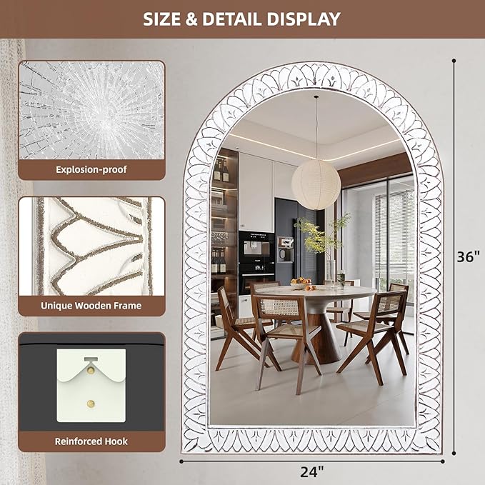 36x24 Inch Arched Wall Mirror with Wooden Frame, Rustic Farmhouse Decorative Arch Mirrors for Bathroom, Bedroom, Living Room, Entryway & Kitchen