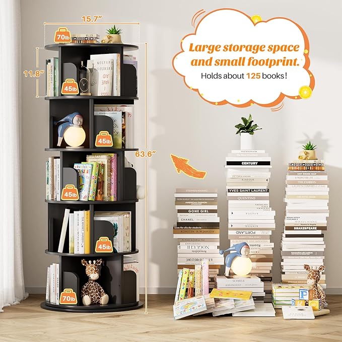 Aheaplus Rotating Bookshelf, 360 Display Wood Spinning Bookshelf Tower, 5 Tier Floor Standing Bookcase Storage Rack, Revolving Bookcase Corner Bookshelf for Small Space, Bedroom, Study Room, Black