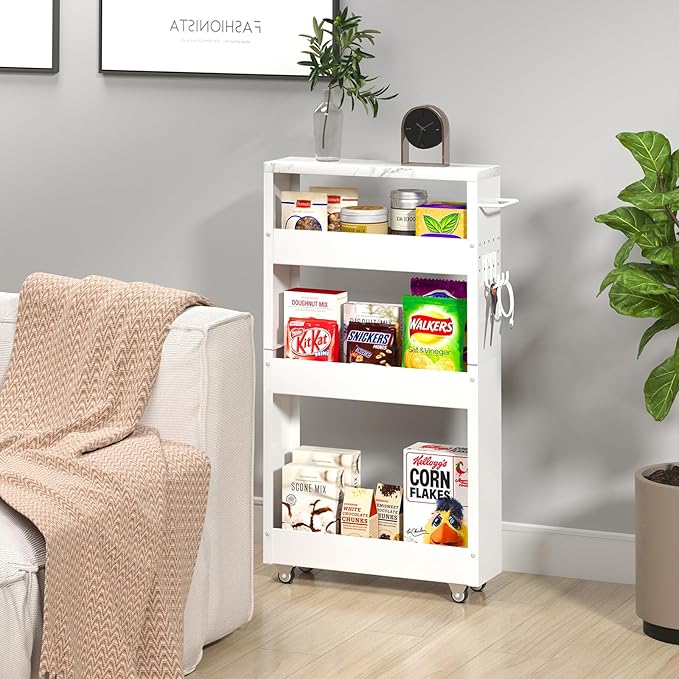 Slim Storage Cart, 5 in Width, 4-Tier White Rolling Cart with Handle & Wooden Top for Kitchen Bathroom Laundry Narrow Places