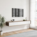 POVISON Fully-Assembled Minimalist Floating TV Stand, Modern Wall-Mounted Entertainment Center with 3 Flip-Down Cabinet Doors, Solid Wood Media Console, Walnut & Black, 70.87"