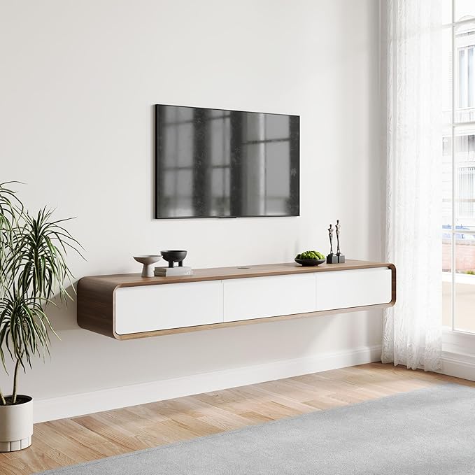 POVISON Fully-Assembled Minimalist Floating TV Stand, Modern Wall-Mounted Entertainment Center with 3 Flip-Down Cabinet Doors, Solid Wood Media Console, Walnut & Black, 70.87"