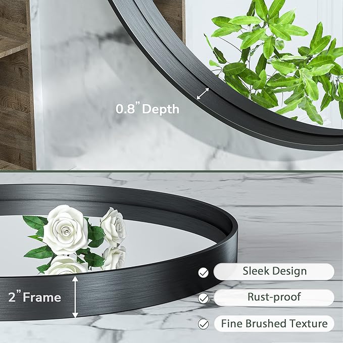 TokeShimi Round Black Mirror 24 Inch for Wall Decor Black Circle Bathroom Mirror with Non-Rusting Aluminum Alloy Brushed Matte Metal Frame for Modern Minimalist Farmhouse Home Decor