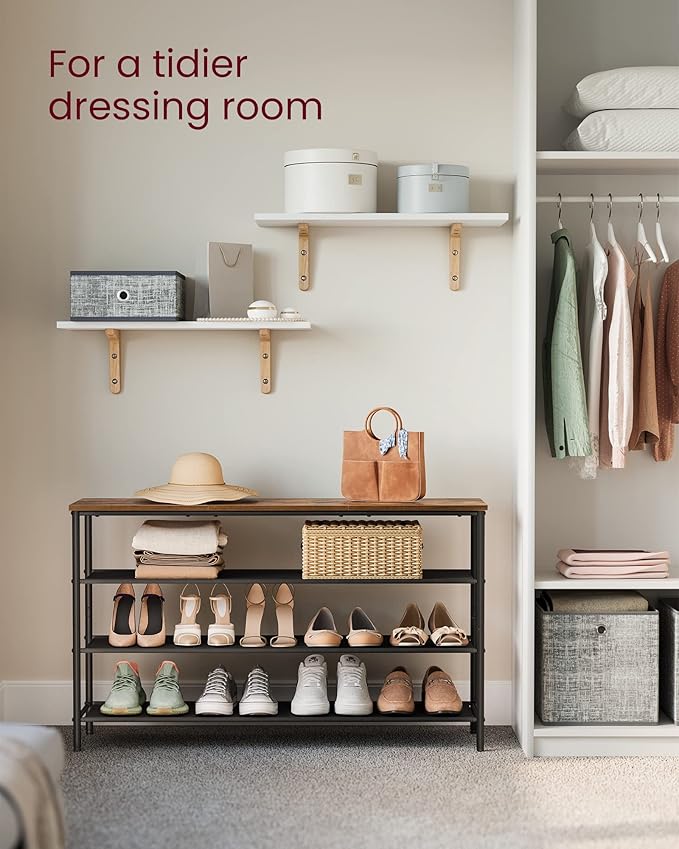 VASAGLE Shoe Rack, 4-Tier Shoe Storage Organizer for Entryway and Closet, Holds 15-18 Pairs of Shoes, 3 Fabric Shelves, Steel Frame, Industrial, Rustic Brown and Black ULBS135B01