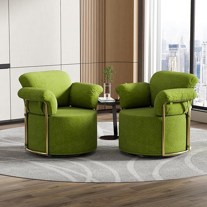 KEIKI Modern Comfy Swivel Accent Reading Chair, 360°Round Upholstered Barrel Armchair Single Club Lounge Sofa Chairs for Living Room,Bedroom, Office,Green