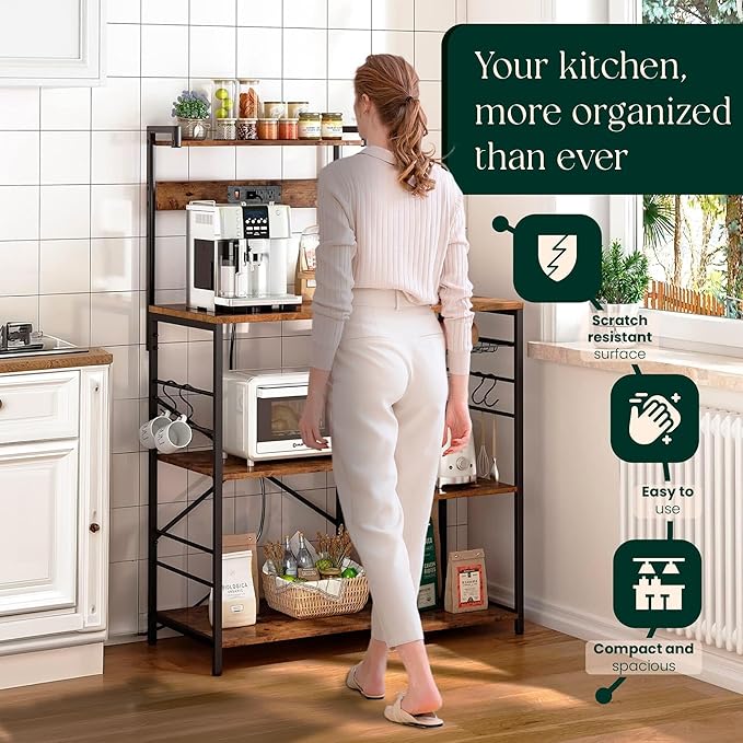 Kitchen Bakers Rack with Power Outlet & Hangers - 35.5x15.7x51.6 Kitchen Storage Rack Useful as Microwave Stand, Coffee Station and as Extra Shelves - Perfect for Organized & Stylish Kitchens
