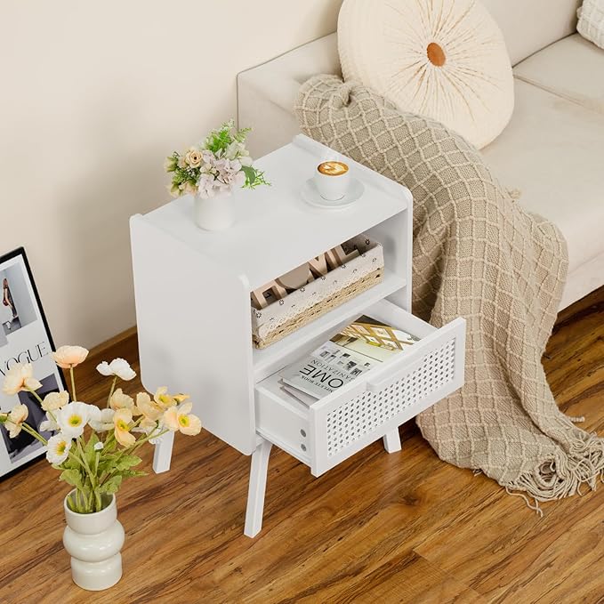 Lerliuo Rattan Nightstands Set of 2, Side Table with Drawer Open Shelf, Cane Accent Bedside End Table with Solid Wood Legs, Mid Century Modern Night Stand for Bedroom, Dorm and Small Spaces (White)