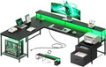 PRAISUN 66 Inch L Shaped Computer Desk with Power Outlets and LED Lights, Home Office Desk with Fabric Drawers and Print Stand, L Shape or Long Set up, Monitor Stand, Mesh CPU Stand, Black