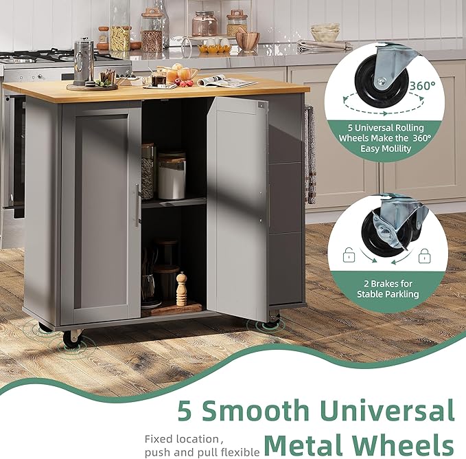 Shintenchi Rolling Kitchen Island Cart with Folding Drop Leaf Breakfast Bar, Portable Trolley Island with Large Storage Cabinet, Shelf and Drawer, Gray