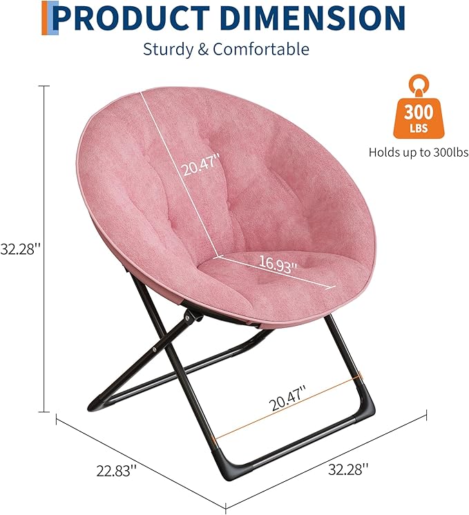Saucer Chair, XL Foldable Lounge Chair for Bedroom/Dorm, Plush Comfy Seat with Non-Slip Base for Teens & Adults, Faux Fur Accent Chair, Pink