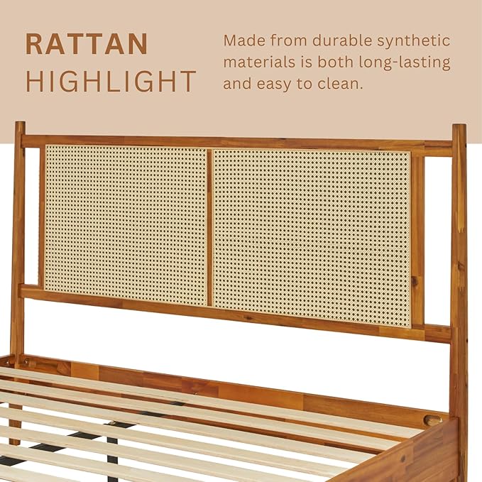 Bme Oliver Headboard Queen Size Bed Frame - 15-Inch Signature Design with Rattan Headboard, Bohemian and Mid Century Style, 12-Slat Wood Support, No Box Spring Needed - Easy Assembly, Caramel