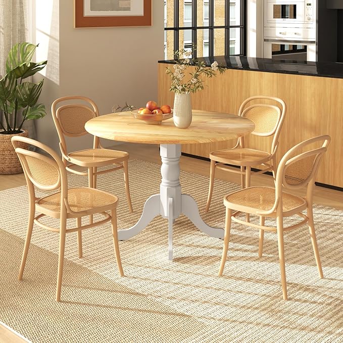 COSTWAY Round Dining Table for 4, 39-inch Wooden Kitchen Table With Solid Rubber Wood Frame, Curved Trestle Legs, Adjustable Foot Pads, Mid Century Rustic Dinning Table for Living Room (Natural+White)