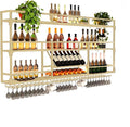 Metal Wall-Mounted Wine Rack with LED Light - 3 Tier Wine Storage Display Rack with Glass Holder - Space-Saving Bottle Display Shelf for Home Bars, Dining Rooms(Gold, 71in/180cm)