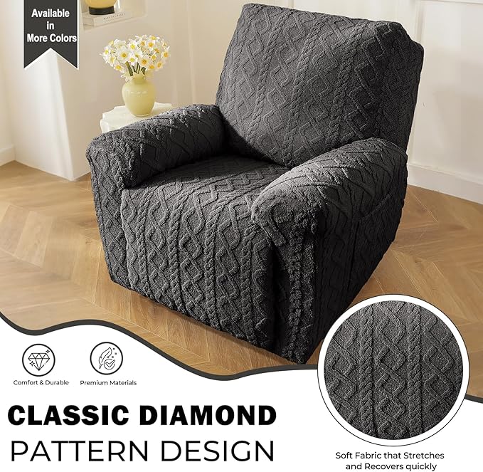 vctops 4 Pieces Geometric Jacquard Plush Recliner Slipcovers Soft Fuzzy Fluffy Sofa Couch Cover Anti-Slip Furniture Protector with Elastic Bottom for Kids Cats Dogs(Dark Grey,1 Seat)