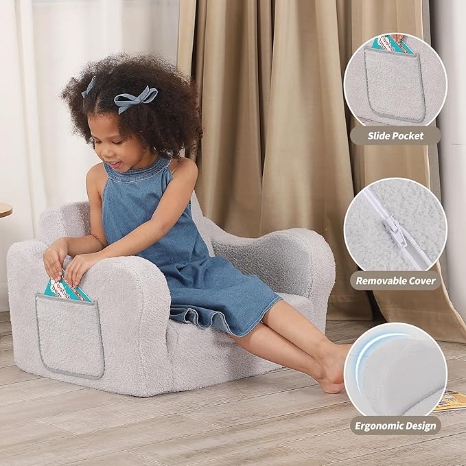 Comfy Toddler Chair, 2-in-1 Toddler Couch Fold Out, Convertible Sherpa Sofa to Lounger for Boys & Girls, Grey