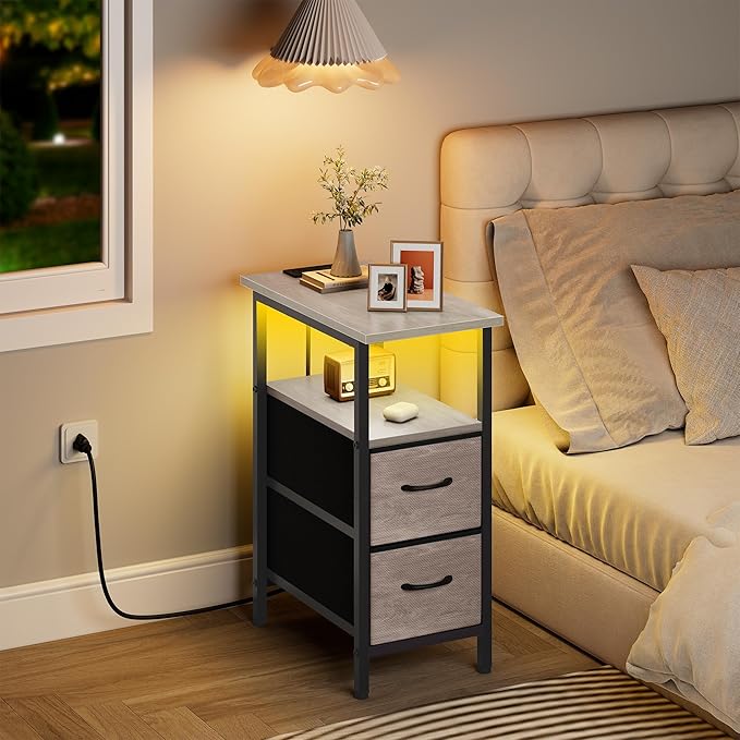 Vagusicc Nightstand with Charging Station and LED Lights, Narrow Side Table, LED Night Stand with 2 Fabric Drawers, Bedside Table with USB Ports and Outlets, Tall Nightstand for Bedroom, Rustic Grey