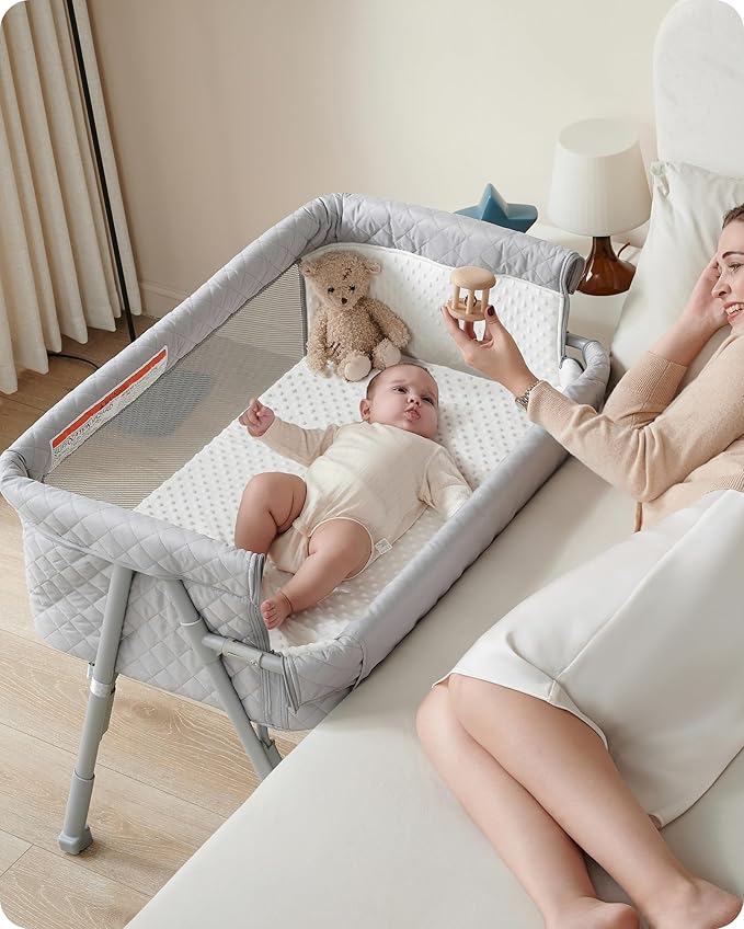 AirClub Bassinet Bedside Sleeper, Baby Crib for Newborn, Baby Bassinets Bedside Sleeper with 4 Auto-Lock & Adjustable Height, Breathable Mesh & Mattress, Bedside Bassinet