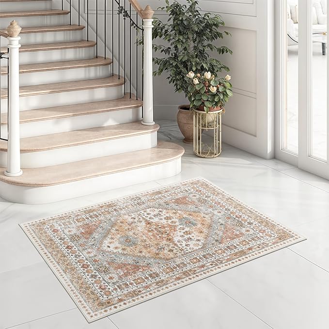 zesthome 2x3 Entryway Rug, Soft Washable Rugs, Non Slip Area Rug, Stain Resistant Low Pile Rugs for Bedroom, Vintage Rug for Door Mat, Kitchen (Orange,2'x3')