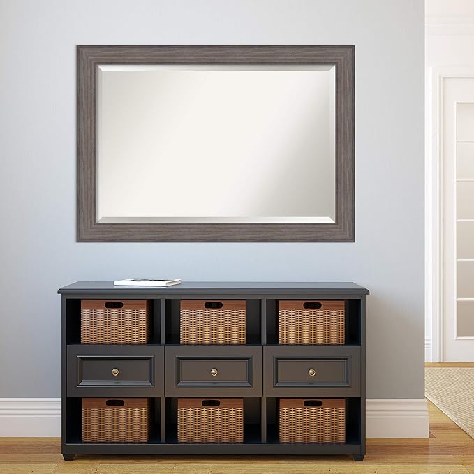 Amanti Art Grey Wall Mirror 29x41 Country Barnwood Rectangle Bathroom Mirror for Wall Decor Living Room, Large Rustic Farmhouse Wood Frame, Hangs Horizonally and Vertically, Bathroom Decor, Beveled