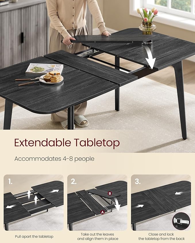 VASAGLE Dining Table for 4/6/8, Extendable Kitchen Table with Tapered Legs, Curved Transitions, for Dining Room, Kitchen, Home Office, Wooden Black UKDT090B01V1