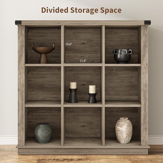 GarveeHome 9 Cube Storage Organizer Bookshelf, 4 Tier Farmhouse Horizontal Bookcase, 37.4 Inch Wood Storage Bookcase for Entryway, Long Low Bookshelves for Living Room-Grey