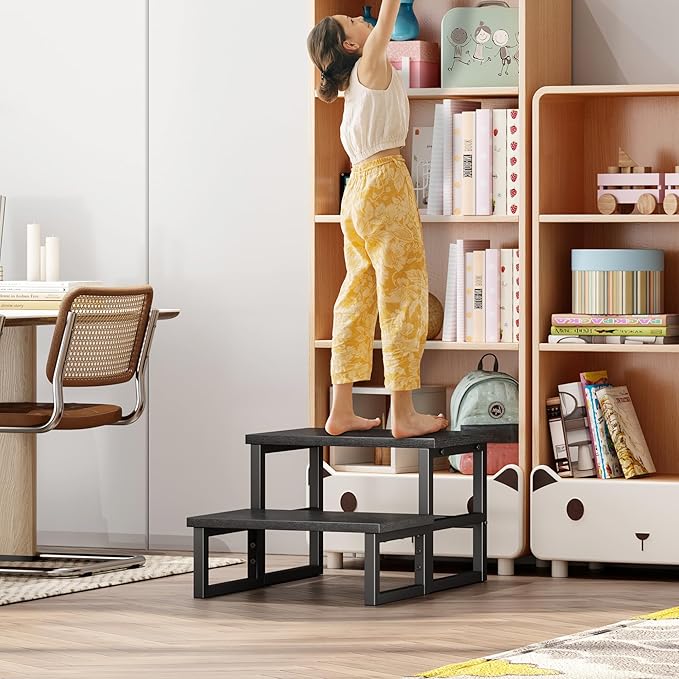 Homeiju 3 in 1 Step Stools for Adults Kids Toddler, Heavy Duty Wooden Step Stool with Non-Slip Pads, 2 Tire Step Stool for Kitchen Bathroom Bedroon Stepping Stool, Black