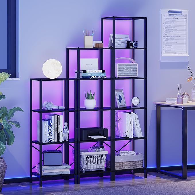 6-Tier Bookshelf, Tall Narrow Bookcase with LED Lights, Book Shelf with Steel Frame, Display Storage Shelf for Living Room, Bedroom, Home Office, Study, Balcony, Black