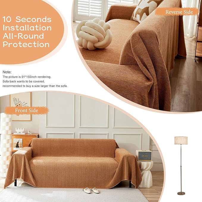 STACYPIK Orange Sofa Cover, Modern Chenille Couch Cover for Dogs, Furniture Protector for 2 Cushion Couch Multi-Use Couch Cover for Sectional Pet-Friendly, Non-Slip Loveseat Cover with Tassel-71X118IN