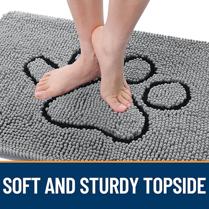 OLANLY Door Mat for Muddy Dog Paws 30x20, Ultra Absorbent Chenille Mud Doormat with Paw Print Design, Non-Slip Washable Doormat for Indoor Entryway, Quick-Dry Pet Bed Mats for Dirty Dogs, Grey