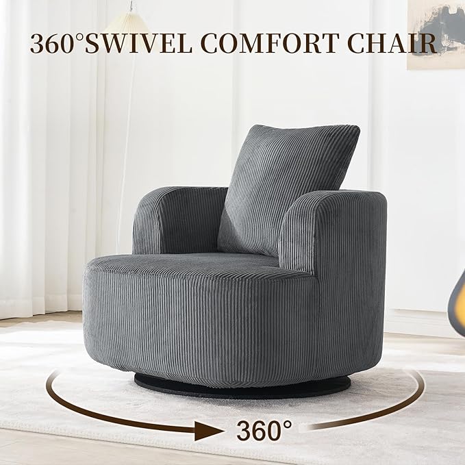 Furnimart 360° Swivel Barrel Accent Chair Set of 2, Round Upholstered Comfy Lounge Chair, Corduroy High-Resilienc Foam Single Sofa, No Assembly Wide Seat for Living Room, Bedroom, Apartment (Gray)
