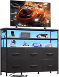 WLIVE Black TV Stand for 40, 45 inch TV, Entertainment Center with LED Lights & Charging Station, TV Media Console Table with 6 Fabric Drawers and Open Shelves for Living Room, Hallway, Wood Top