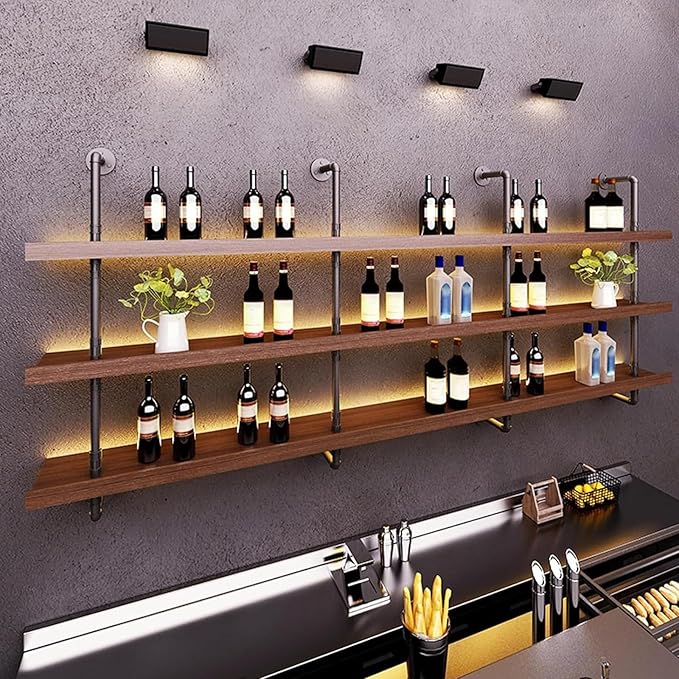 70.8in Large Wine Rack with LED Light Solid Wood Wall Mounted Wine Rack, 3-Tiers Liquor Bottles Floating Shelves Display Storage Organizer for Home Bar & Dining Room (180cm/70.8in)