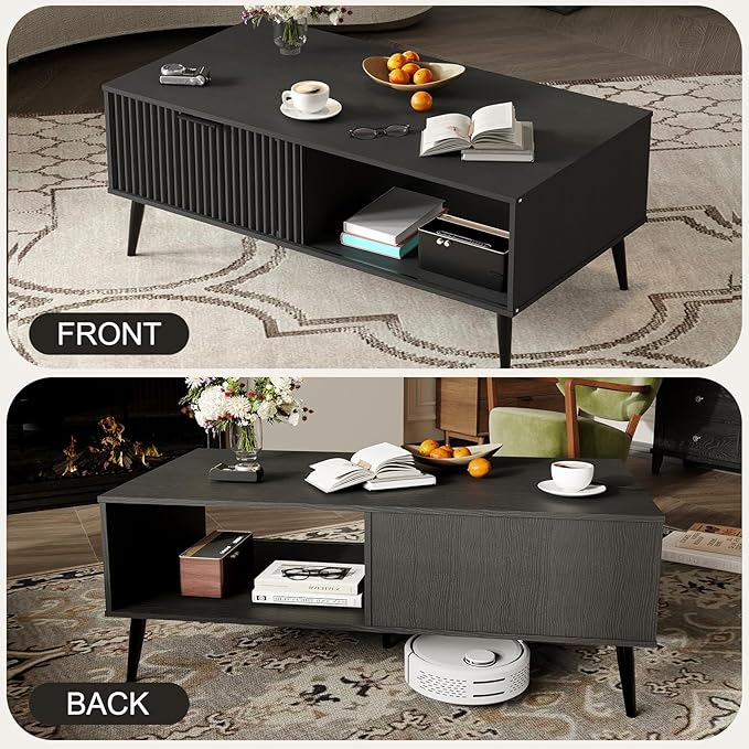 41.34''D Coffee Table, 2-Tiers Farmhouse Coffee Tables With Storage and Sliding Wave Pattern Door, Modren Tea Table, Wooden Dining Center Tables for Living Room, Office, Bedroom, Outdoors, Black